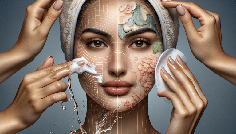 Woman cleansing face with artistic skincare split design