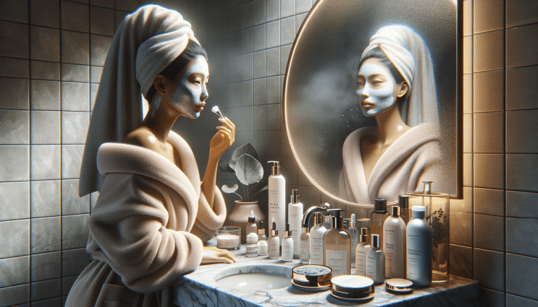 Woman applying face mask in bathroom mirror