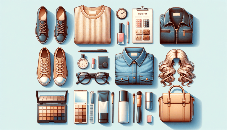 Flat lay of fashion clothing, shoes and cosmetics