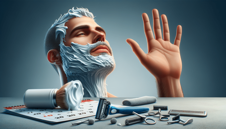 Man with shaving foam beard and grooming tools