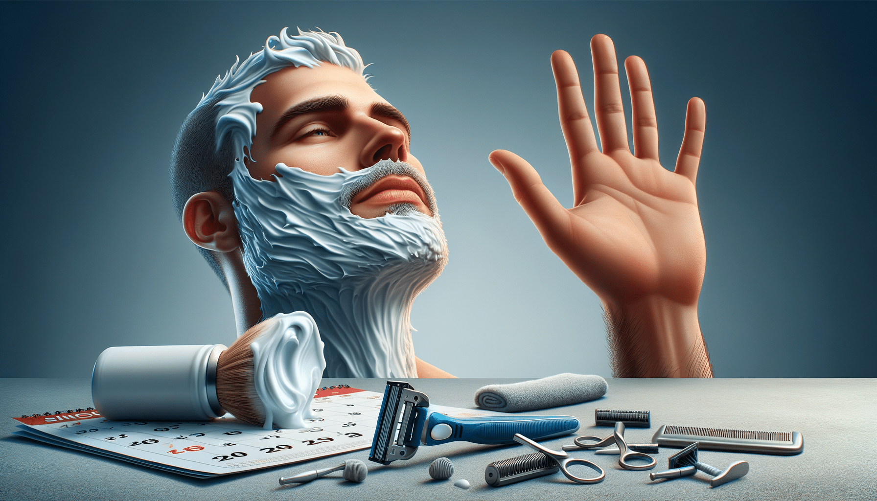 Man with shaving foam beard and grooming tools