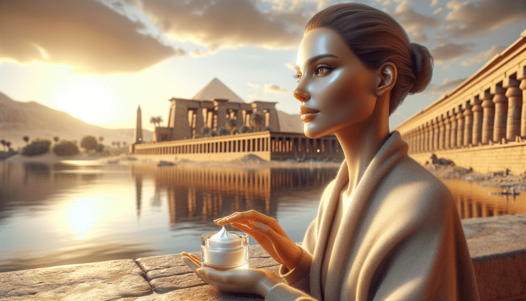 Woman holding face cream by Egyptian temple at sunset