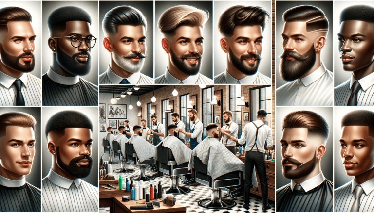 Collage of men's hairstyles and busy barbershop interior