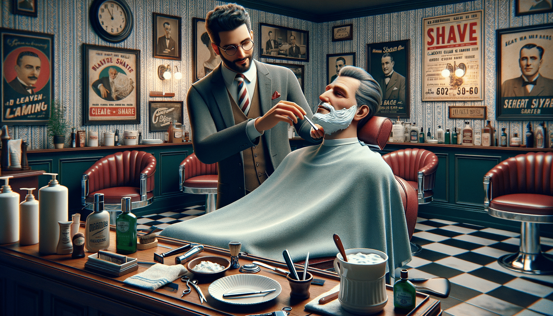 Barber giving traditional wet shave in vintage barbershop