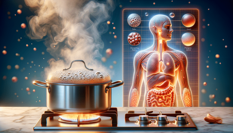 Boiling pot emitting steam beside human anatomy diagram