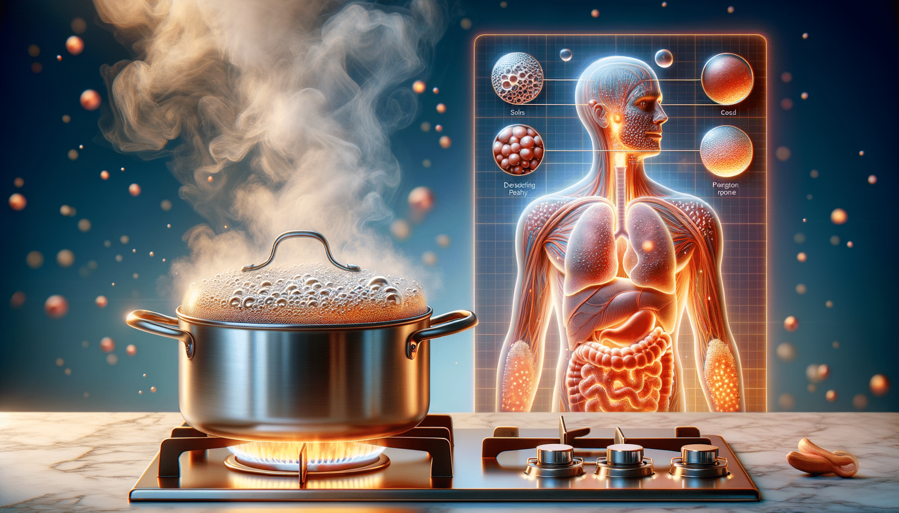 Boiling pot emitting steam beside human anatomy diagram