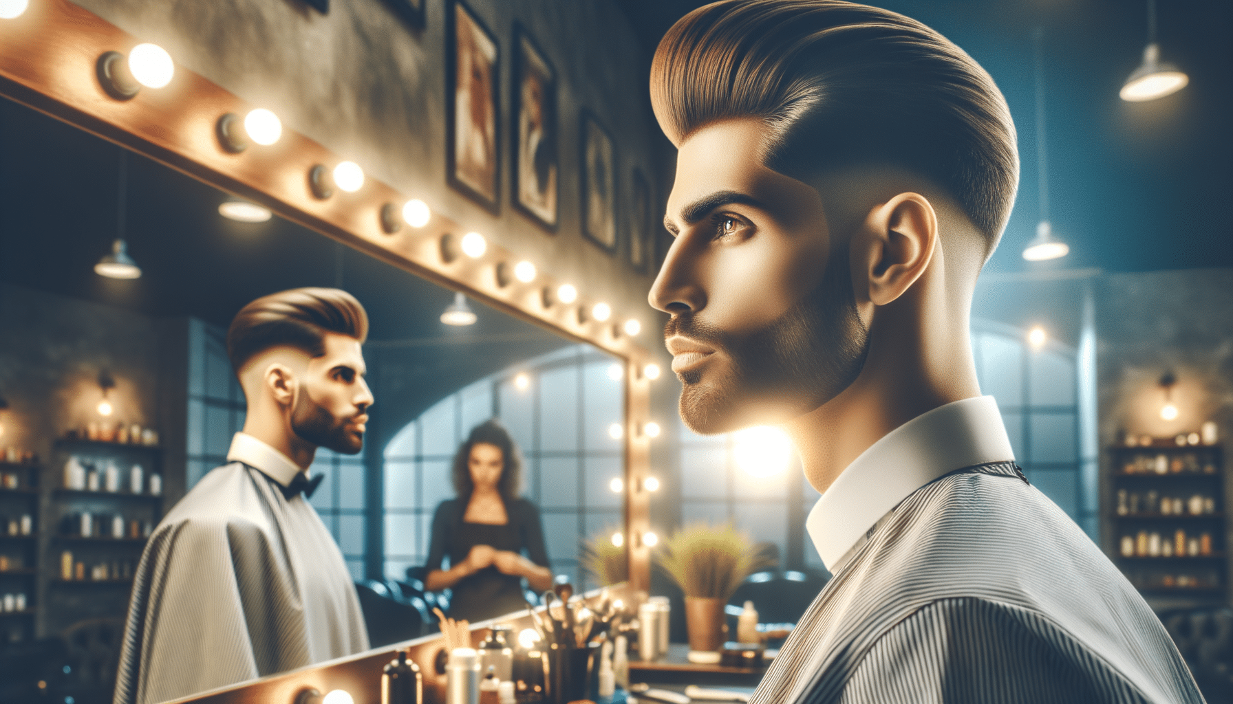 Well-groomed man with pompadour in stylish barbershop mirror