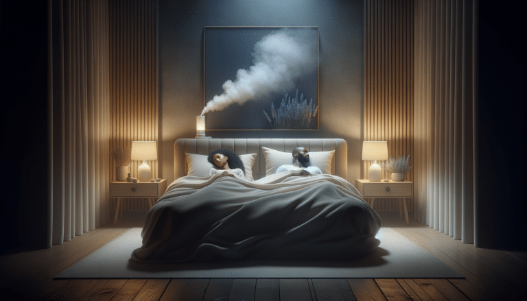 Couple sleeping with humidifier mist in modern bedroom