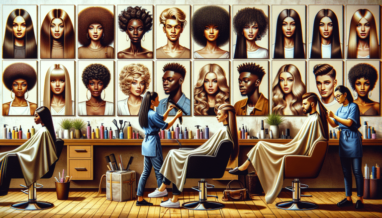 Hair salon with stylists and diverse hairstyle posters