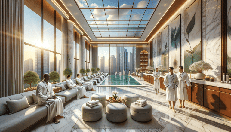 Luxury spa with indoor pool and city skyline