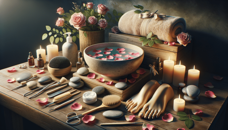 Spa pedicure setup with candles, roses and towel