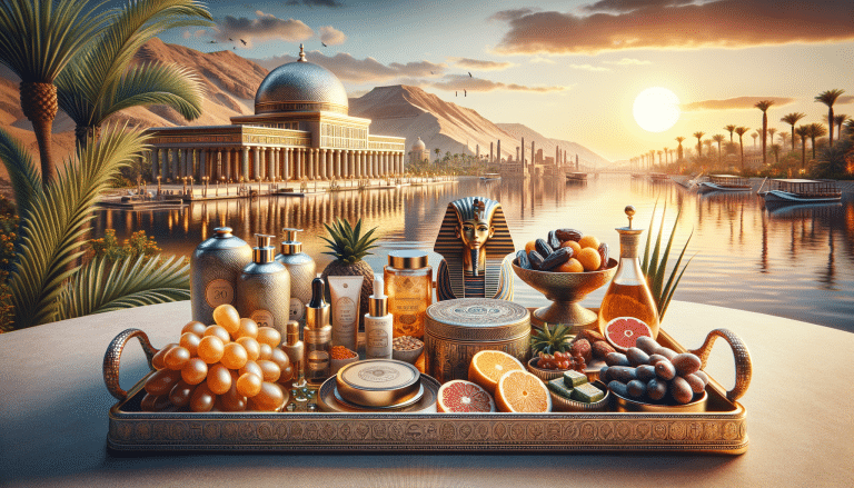 Egyptian temple by Nile with luxury goods tray