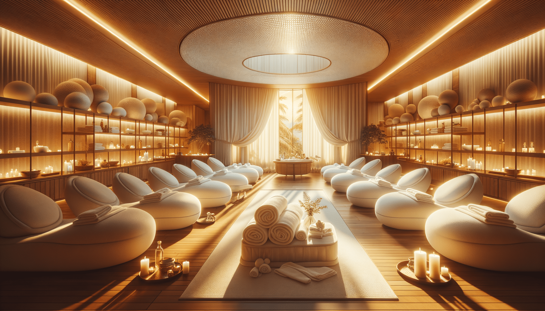 Luxurious spa room with massage beds and candles