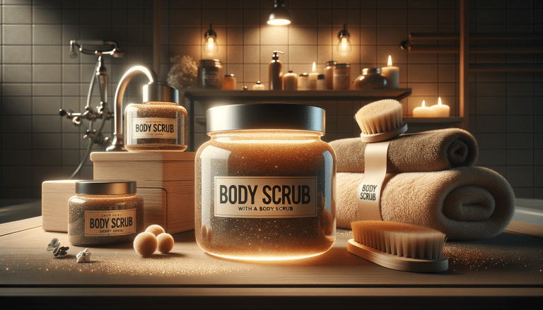Luxury body scrub jars with towels and candles