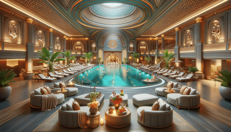 Luxurious indoor pool in grand classical spa hall