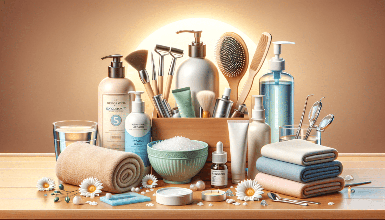 Assorted skincare and spa products on wooden table