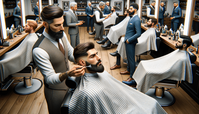 Barbers trimming beards in stylish modern barbershop