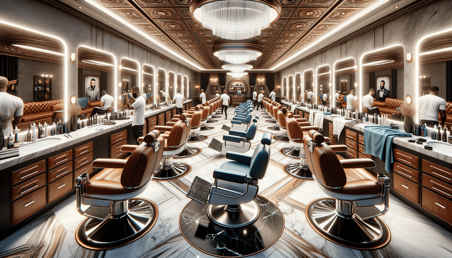 Luxurious modern barbershop with multiple chairs and chandeliers