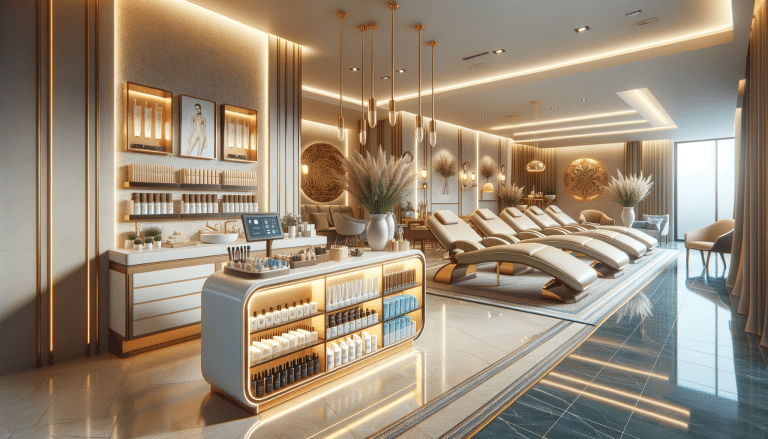 Luxury spa interior with treatment beds and products