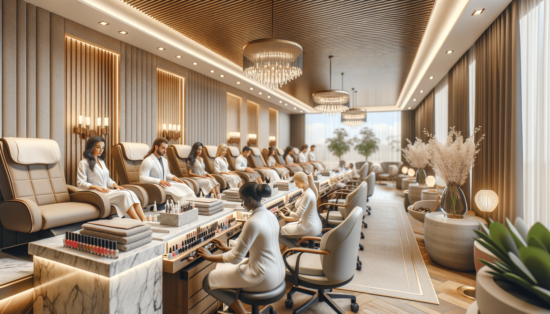 Luxury nail salon with clients receiving manicures