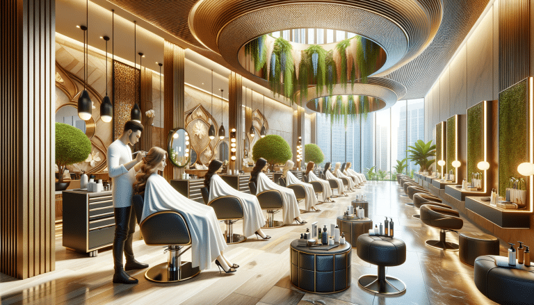 Luxury modern hair salon with stylists and greenery