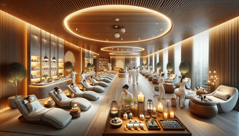Luxury spa interior with relaxation loungers and therapists