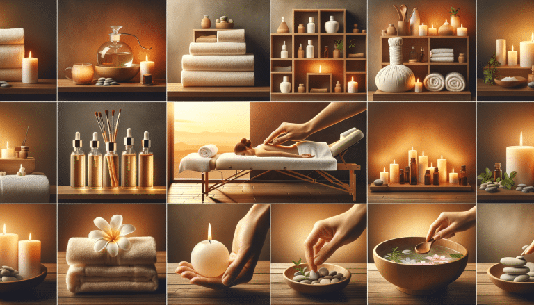Serene spa scene with candles, towels and massage