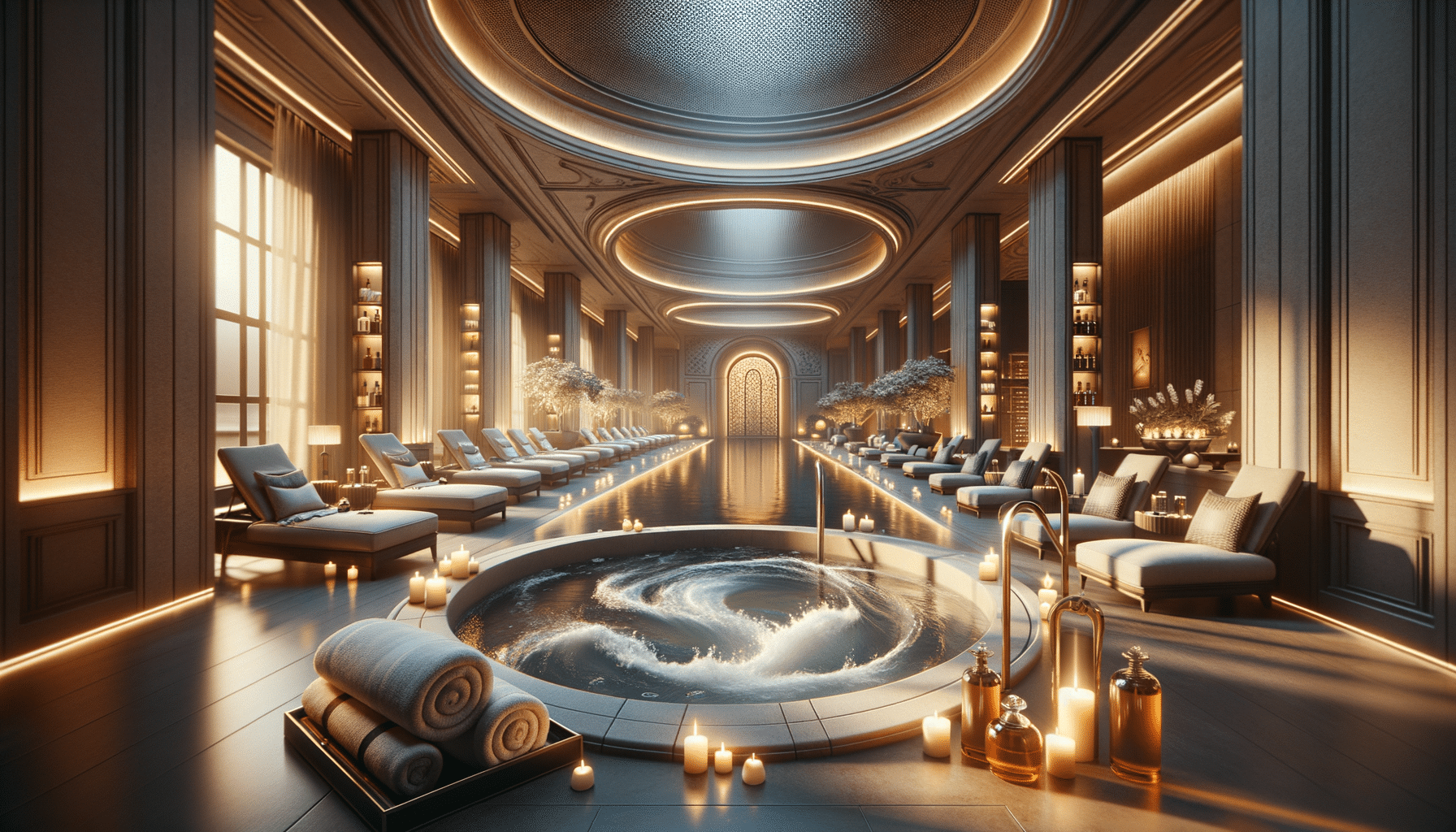 Luxurious spa interior with hot tub and loungers