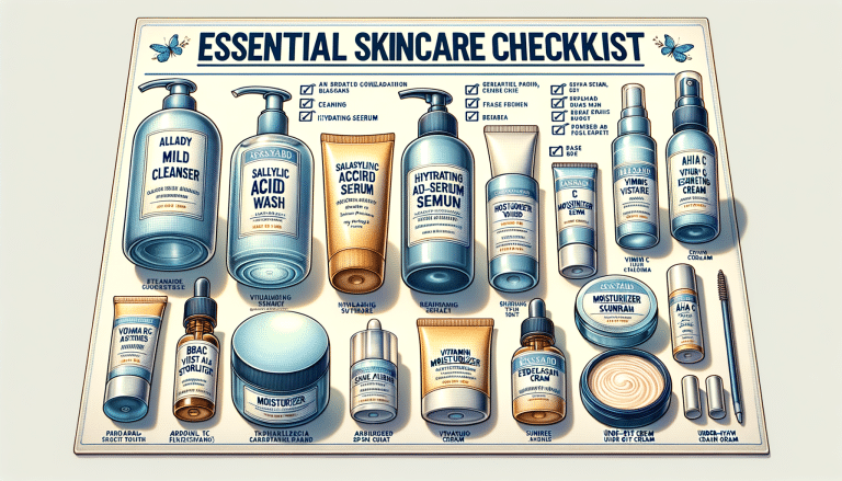 Essential skincare checklist with assorted beauty products
