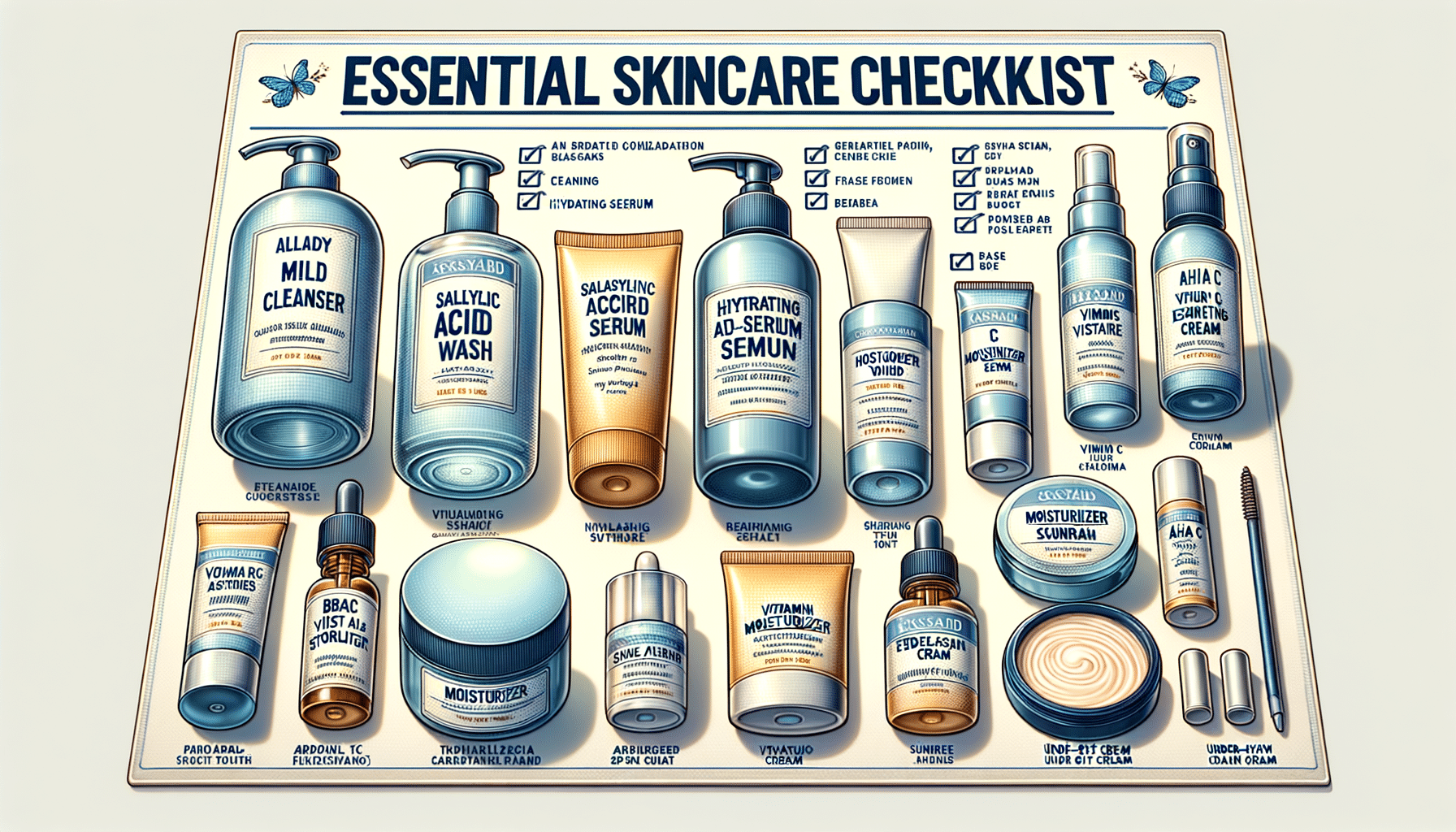 Essential skincare checklist with assorted beauty products