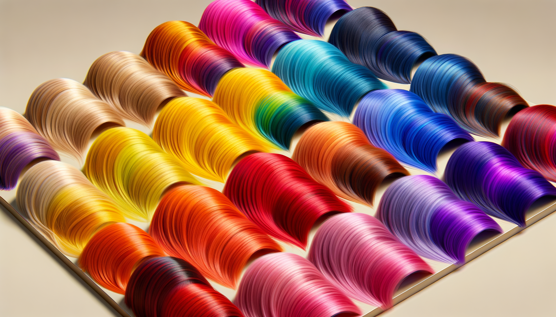 Colourful hair dye swatches arranged in rows
