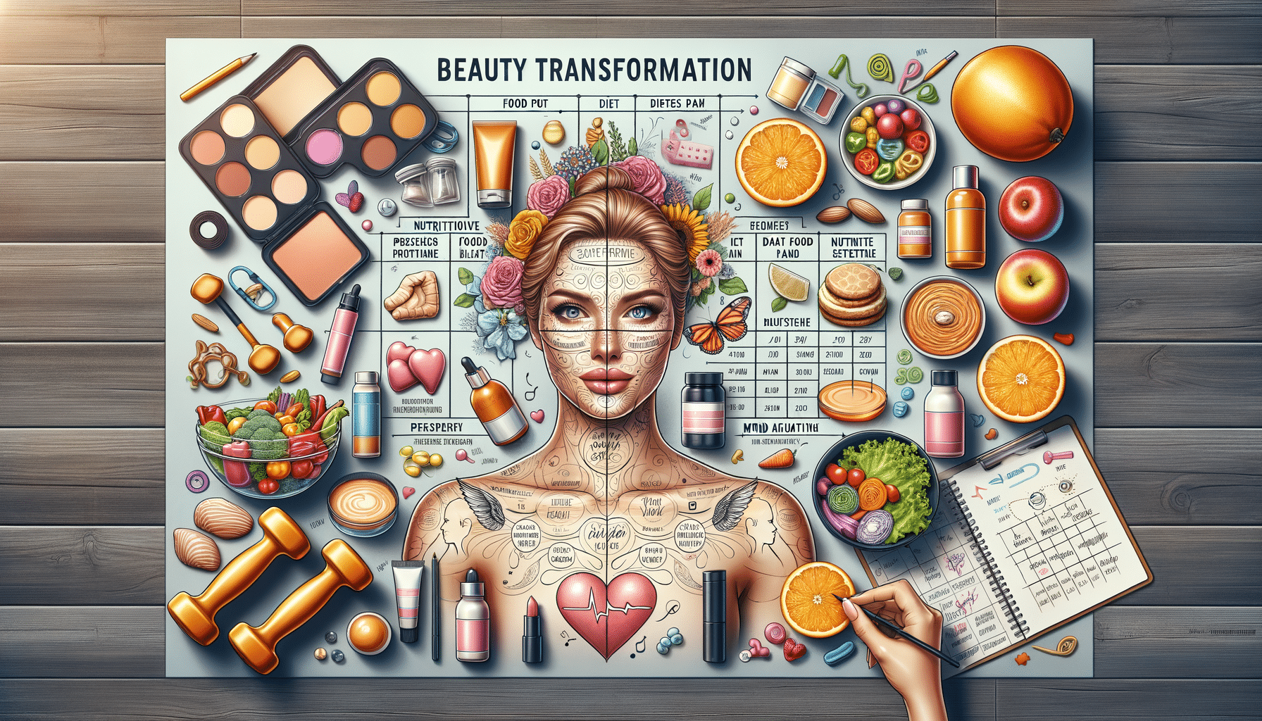 Beauty transformation infographic with cosmetics, healthy food and fitness