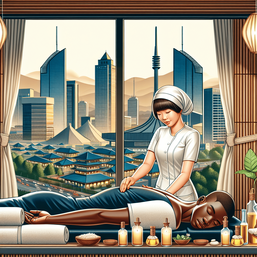 Woman giving massage with city skyline view