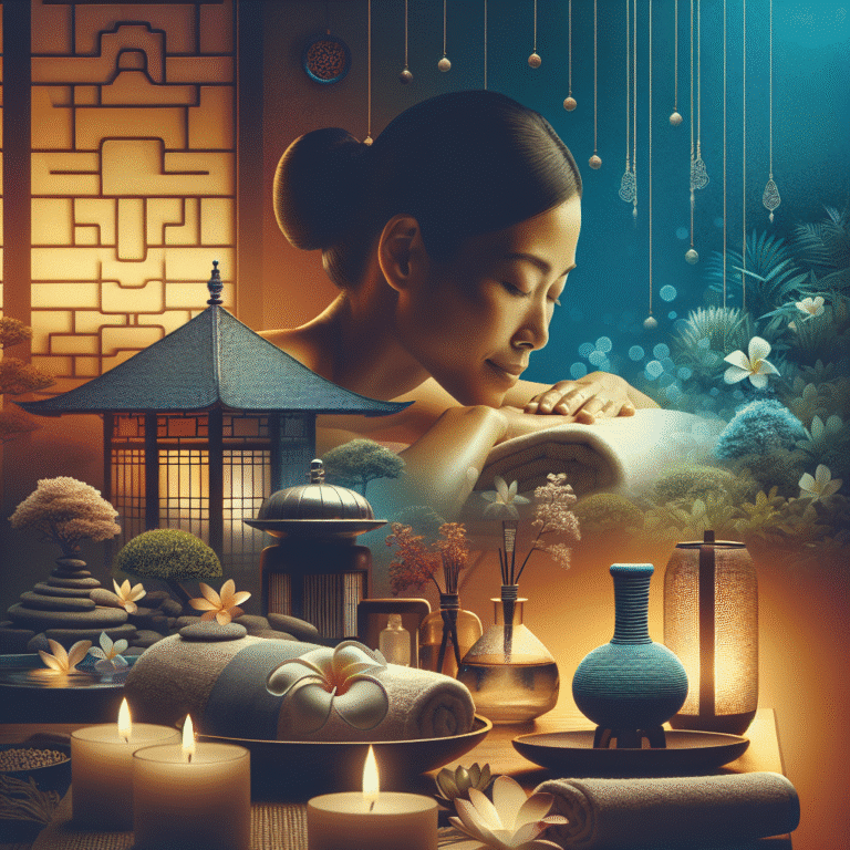 Serene woman at spa with candles and lanterns