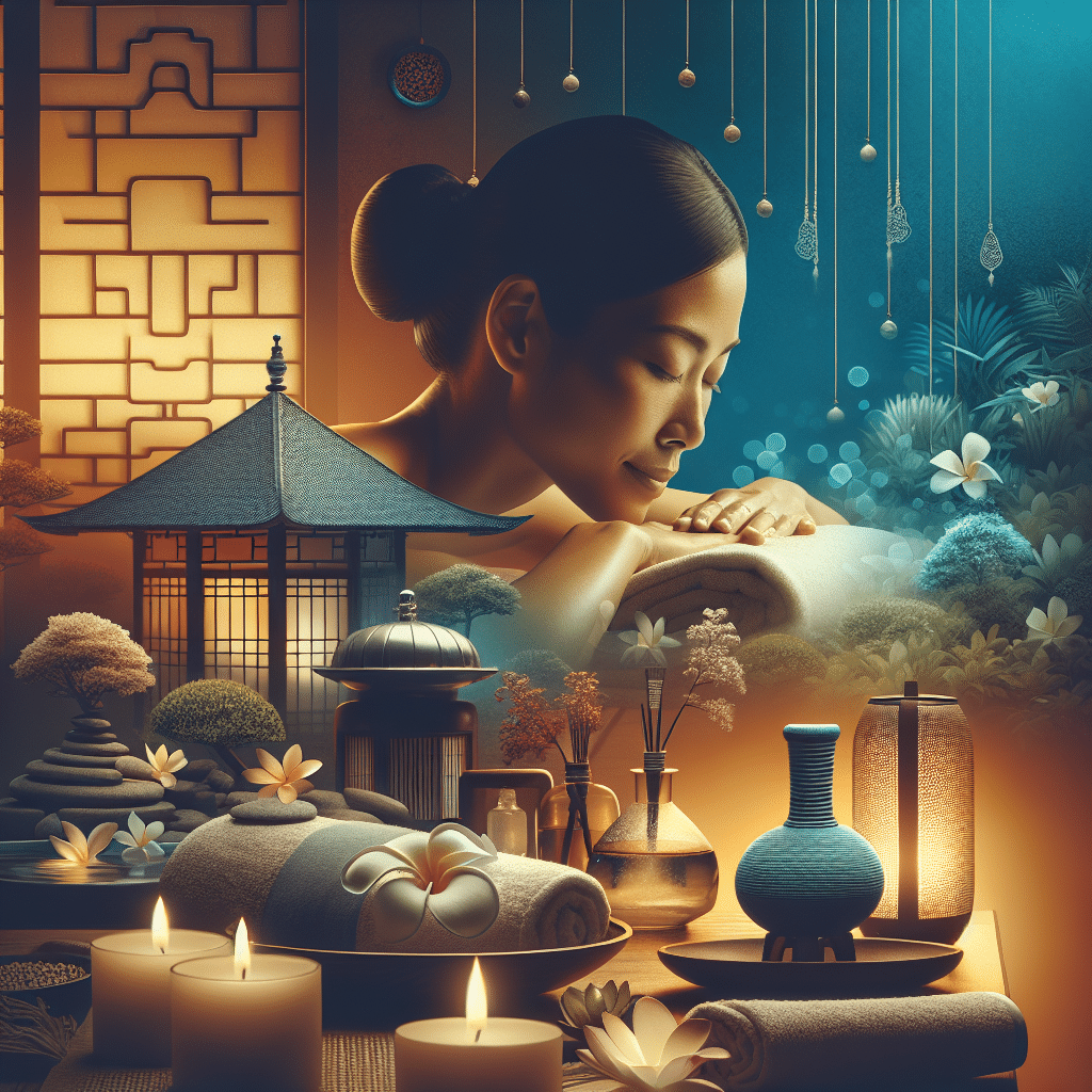 Serene woman at spa with candles and lanterns