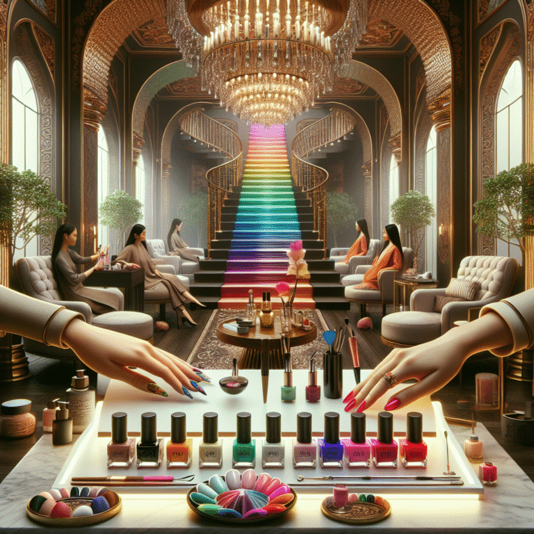 Luxurious salon with rainbow staircase and manicure display