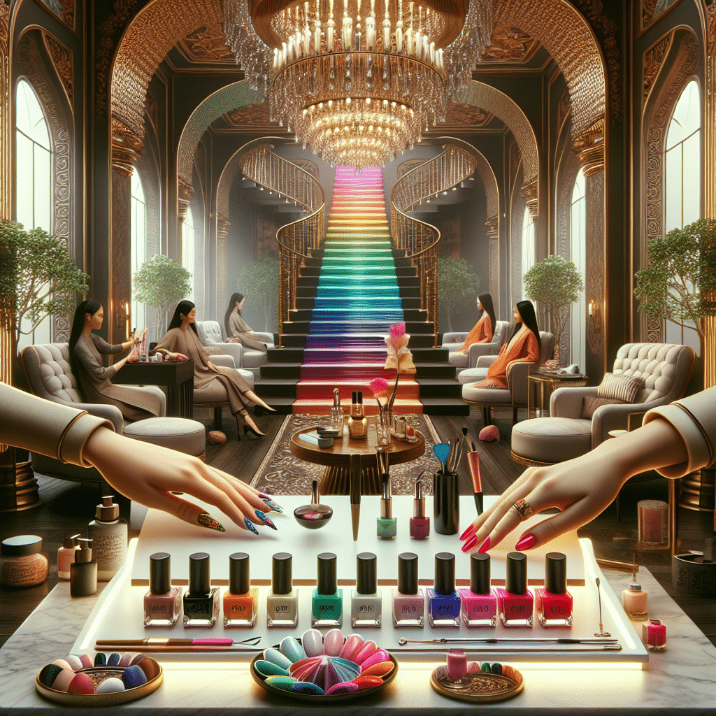 Luxurious salon with rainbow staircase and manicure display
