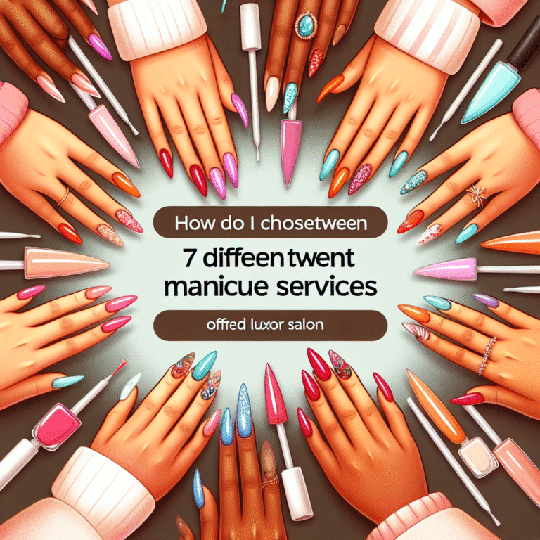 Colourful manicured hands surrounding salon service text