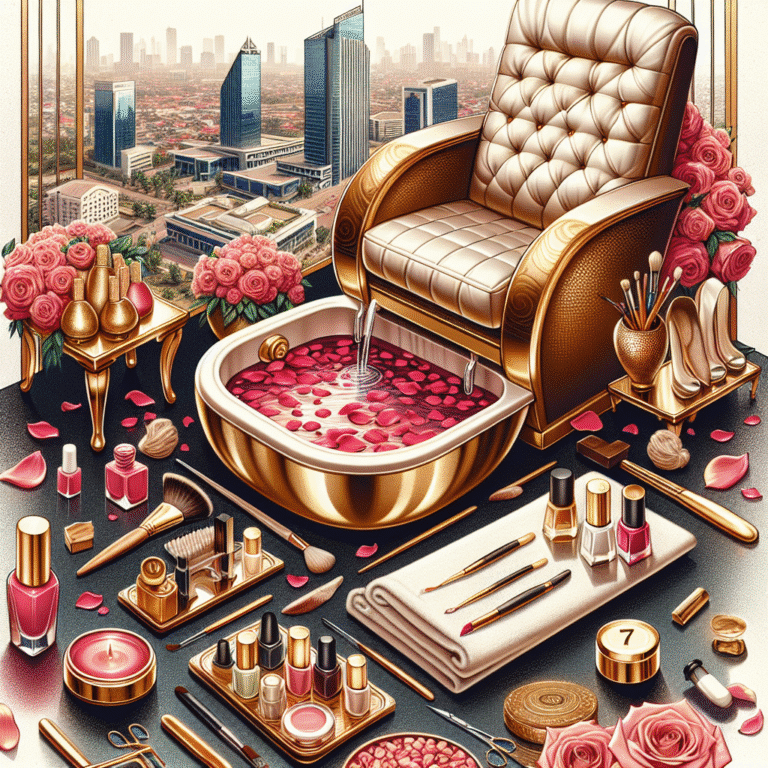 Luxury spa pedicure setup overlooking city skyline