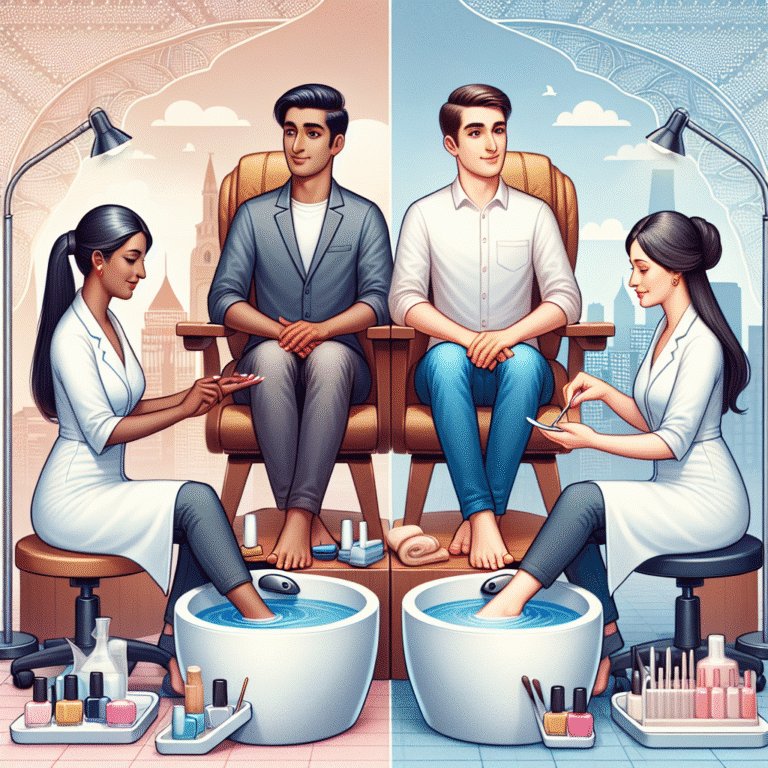 Men receiving pedicures in split-screen spa illustration