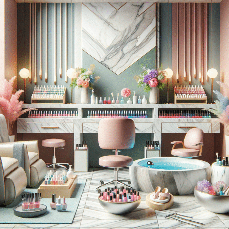 Stylish pastel nail salon with manicure stations
