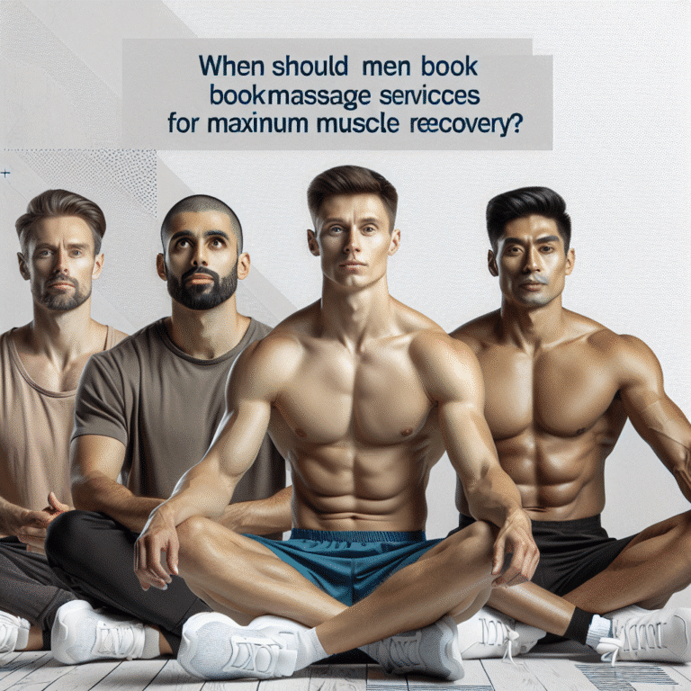 Four muscular men sitting cross-legged promoting massage recovery
