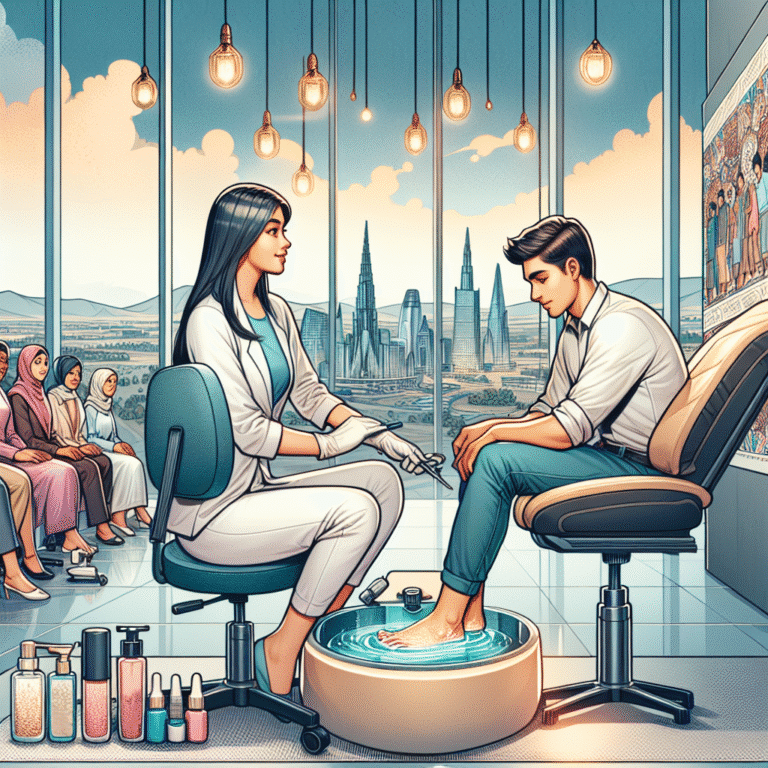Woman giving man pedicure in modern city salon
