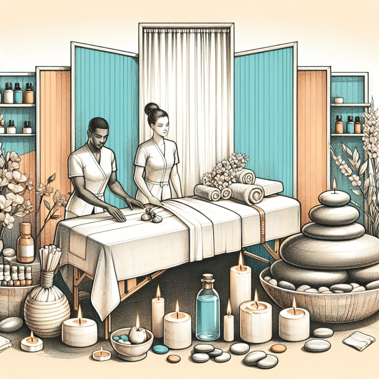 Spa therapists preparing massage table with candles and stones