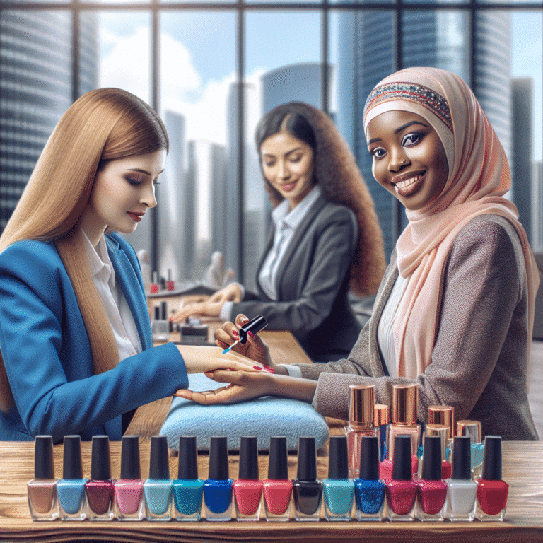 Women doing manicure with nail polishes in office