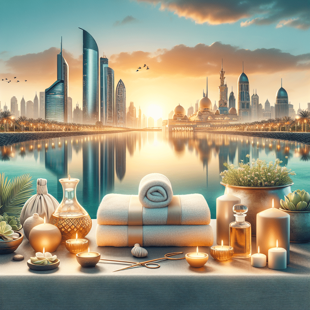 Luxury spa setup overlooking modern Middle Eastern skyline