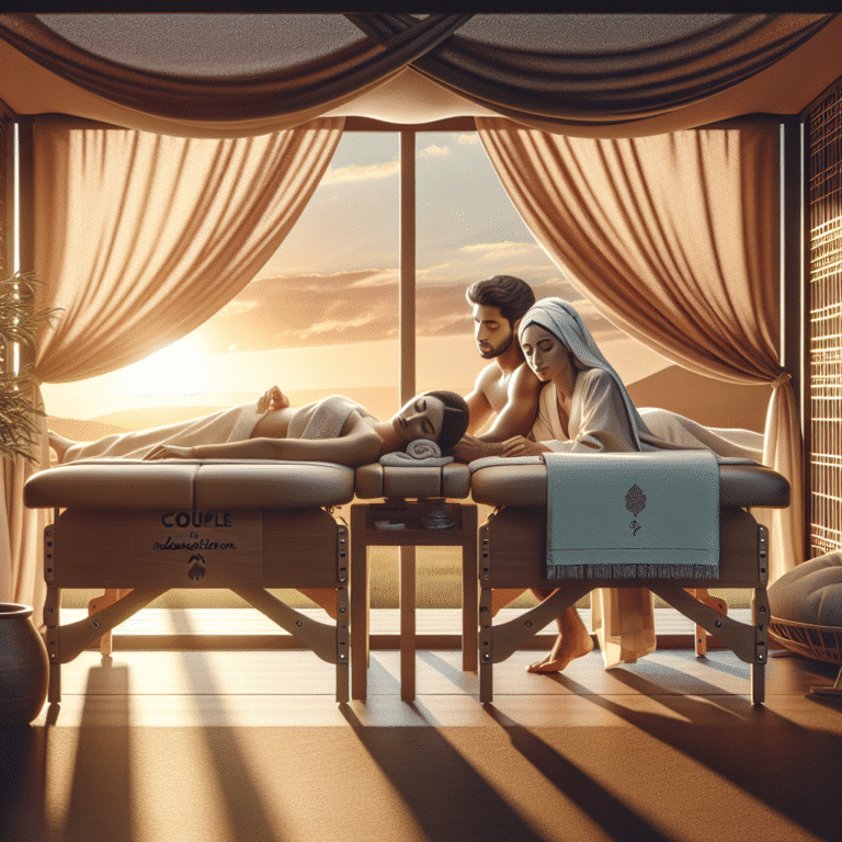 Couple enjoying sunset spa massage treatment indoors
