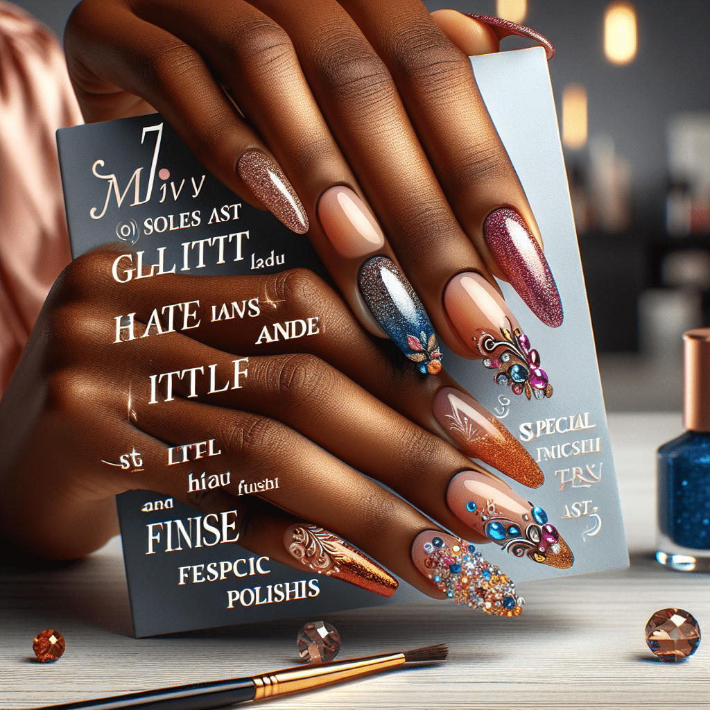 Hands with glittering jewel nail art holding card