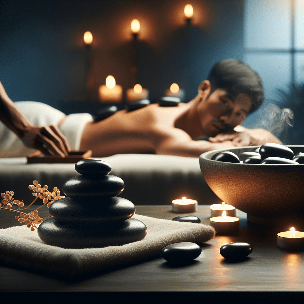 Man receiving hot stone massage in candlelit spa