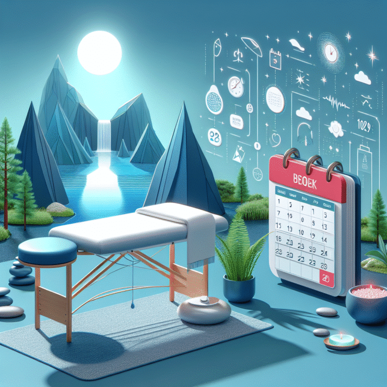 Spa massage table beside mountains and calendar planner